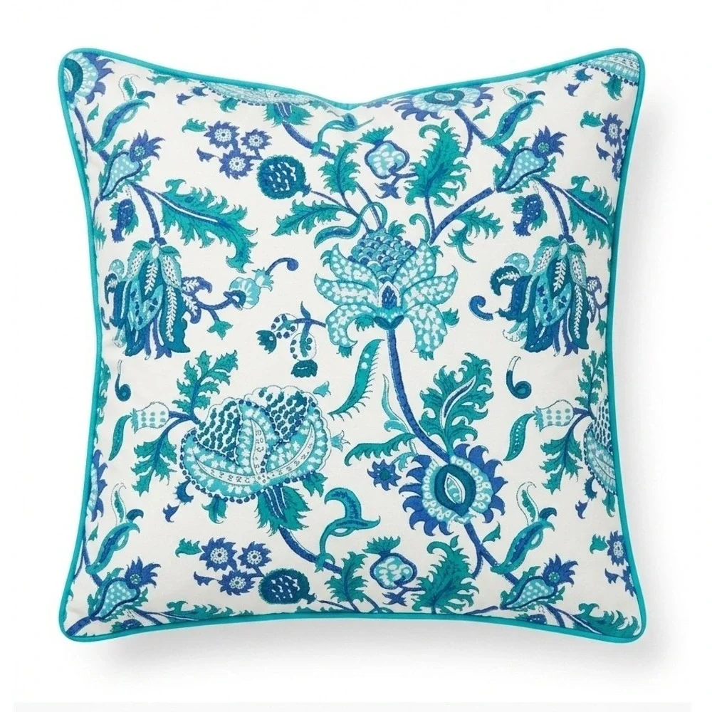 Roberta Roller Rabbit Amanda Pillow Sham Blue Green Floral Block Print 18x18 NEW